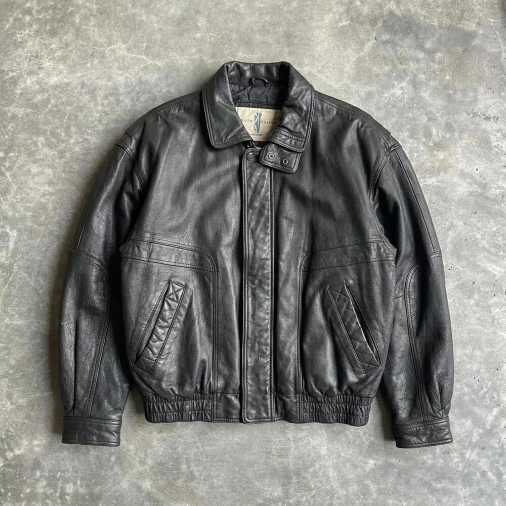 Vintage Black Leather Bomber Jacket 90s Minimalist